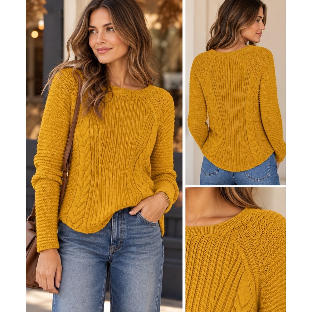 Zara Knit Sweater Mustard Yellow Cable Popcorn Ribbed Crew Neck Medium